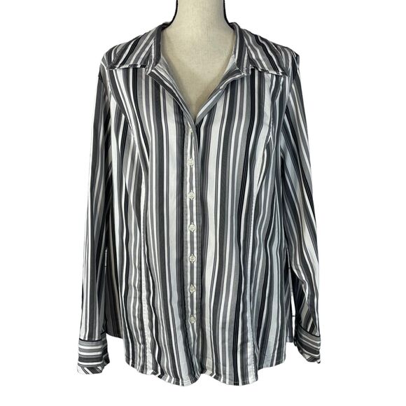 Lane Bryant SZ 22/24W Button-Up Top Striped Long Sleeves Stretch Collared Gray - Picture 1 of 9